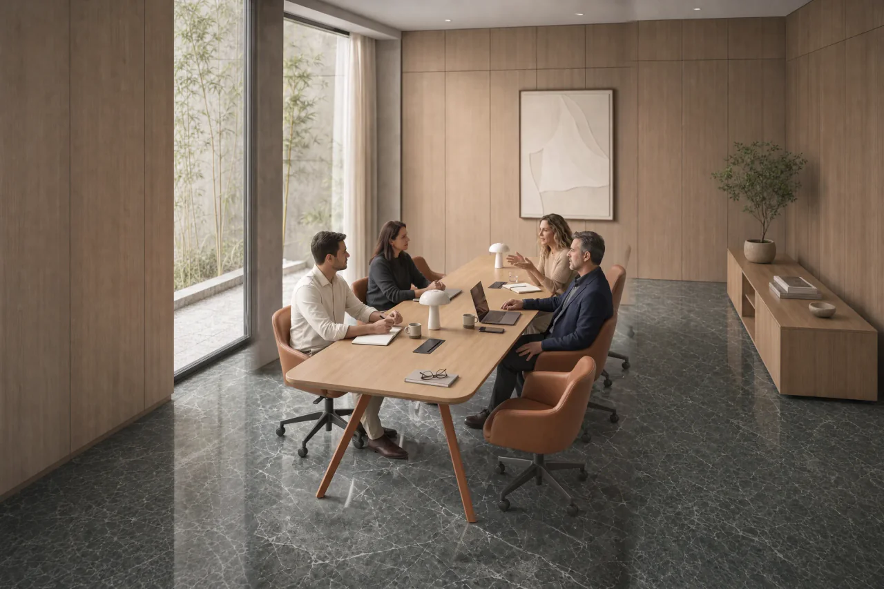 Quatro pessoas em reunião numa mesa Freemont de carvalho, com cadeiras caramelo, numa sala de mobiliário corporativo