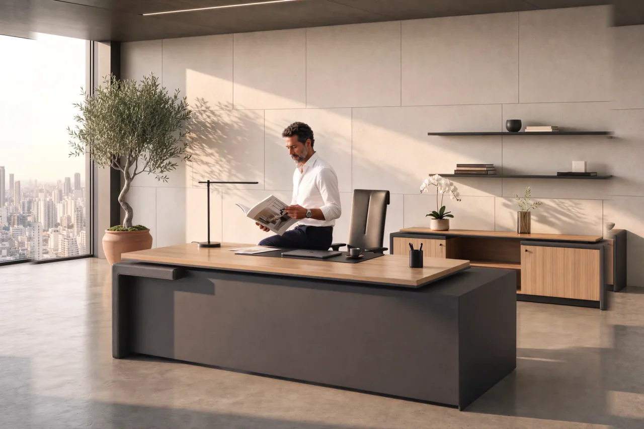 Homem lendo em pé junto a uma mesa de madeira, em sala com janela ampla e luz natural, ilustrando a iluminação na ergonomia no ambiente de trabalho