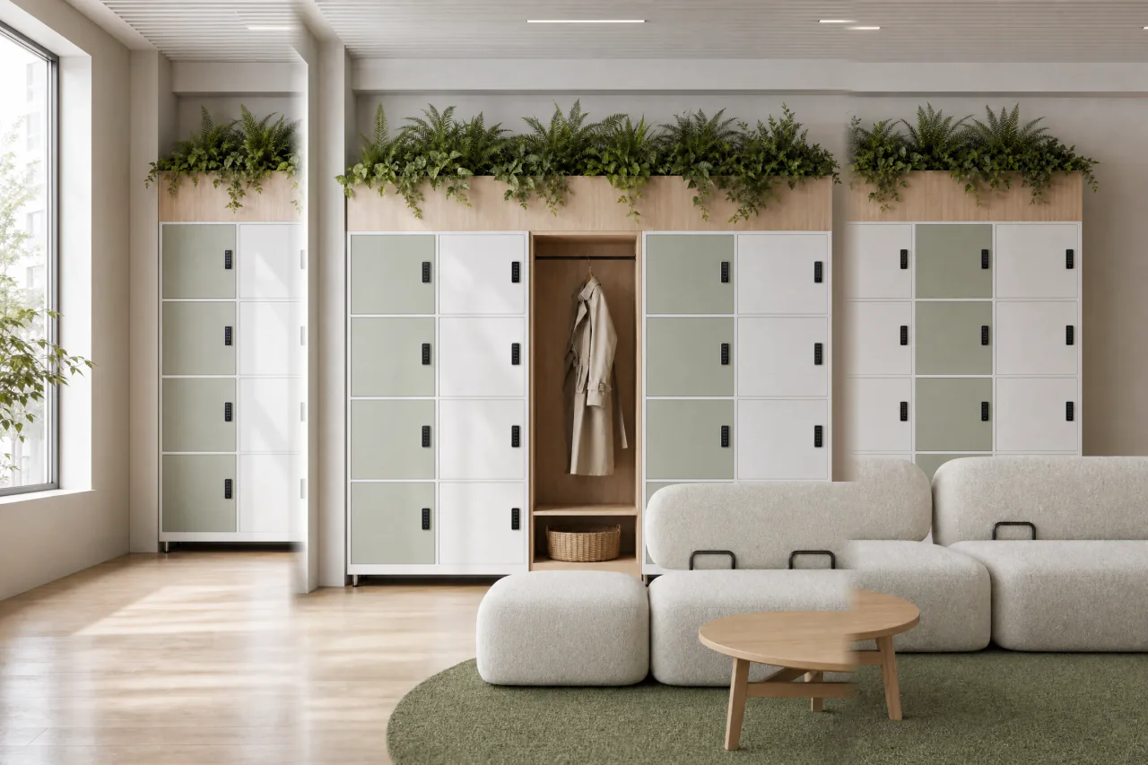 Parede de lockers em sálvia e branco com nicho de madeira, sofá e floreira no alto, exemplo de cores para escritório