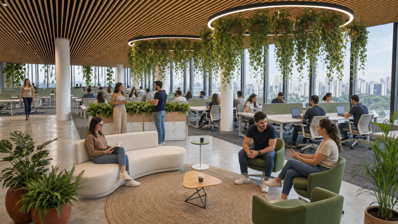 Salão colaborativo com muitas plantas penduradas, poltronas e pessoas conversando, um espaço colaborativo em escritório