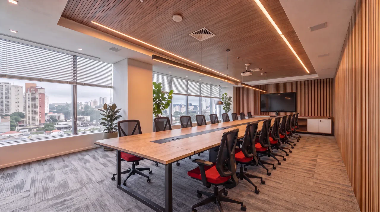 Sala de reunião de um escritório corporativo de construtora, com mesa longa, cadeiras vermelhas e credenza