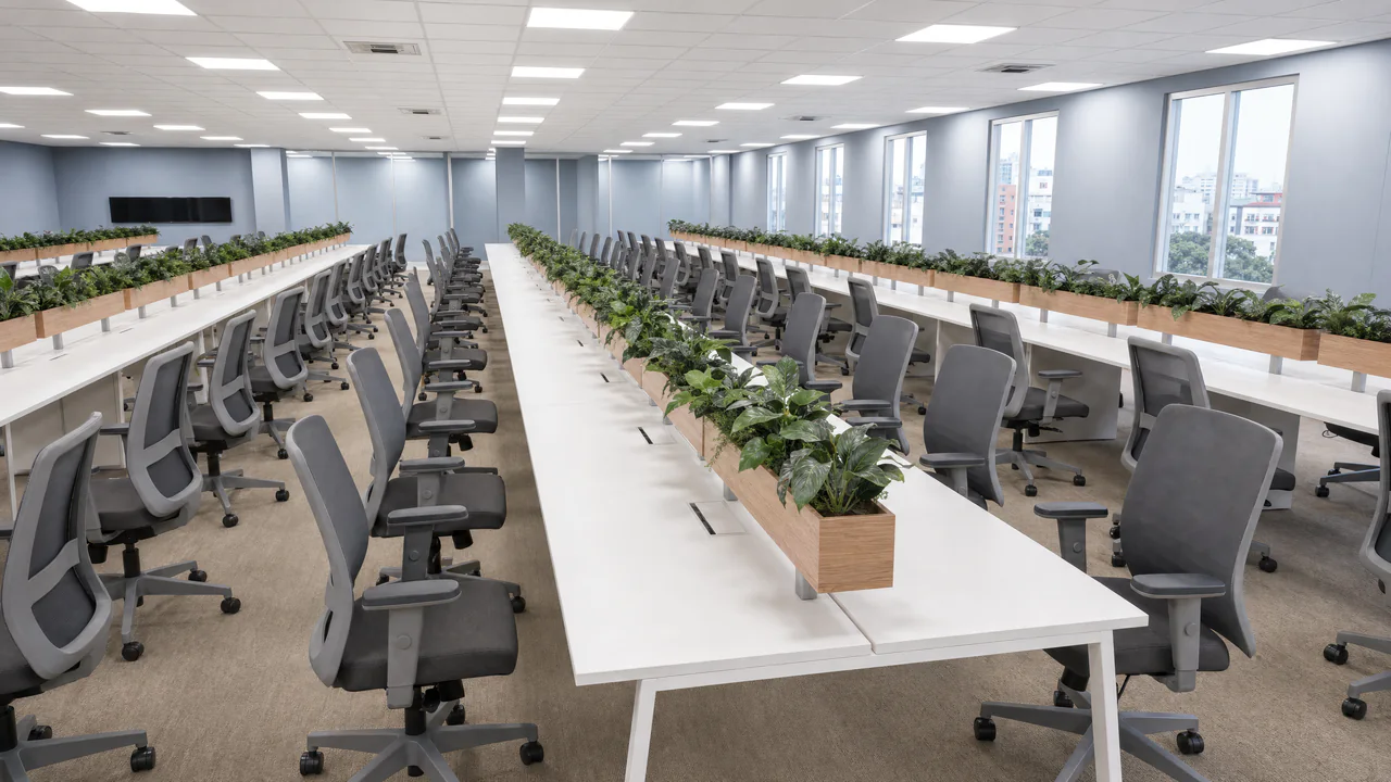 Salão de escritório com plataformas de estações brancas, floreiras com plantas e cadeiras operacionais com apoio de braços, pensado para o bem-estar no trabalho